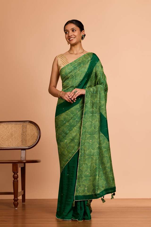 Dark Green Murshidabad Pure Silk Embroidered Saree thumbnail image number null