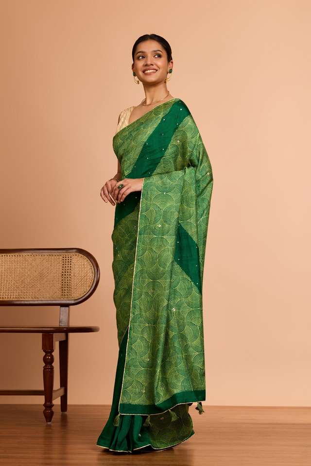 Dark Green Murshidabad Pure Silk Embroidered Saree thumbnail image number null