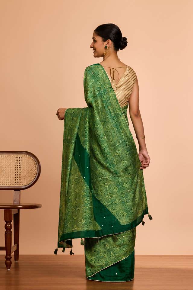 Dark Green Murshidabad Pure Silk Embroidered Saree thumbnail image number null