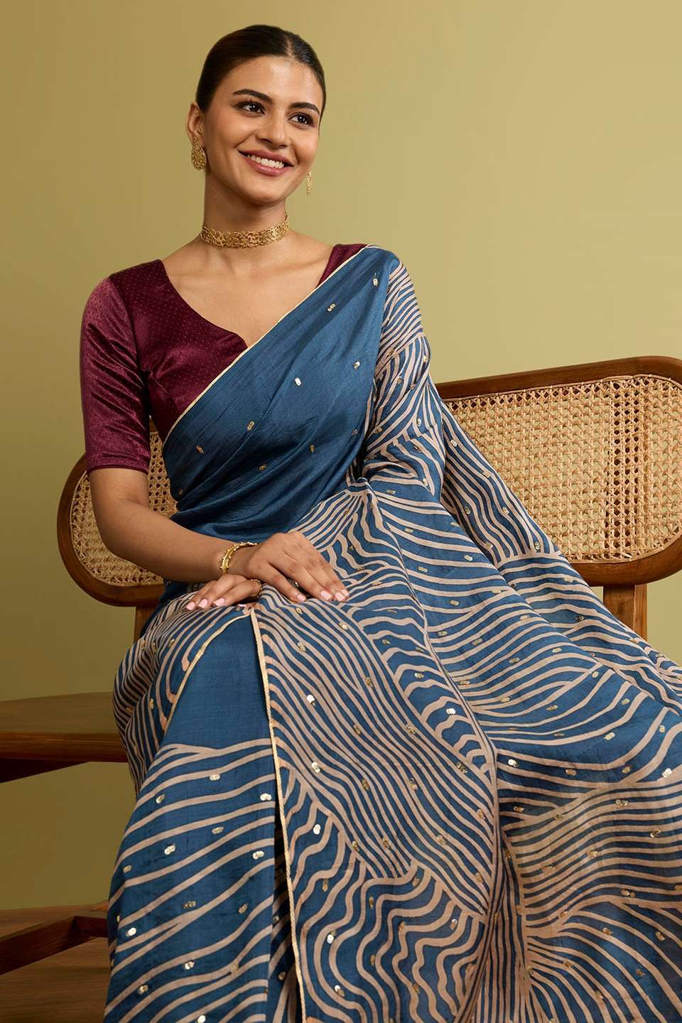Dark Blue Murshidabad Block Printed Pure Silk Saree