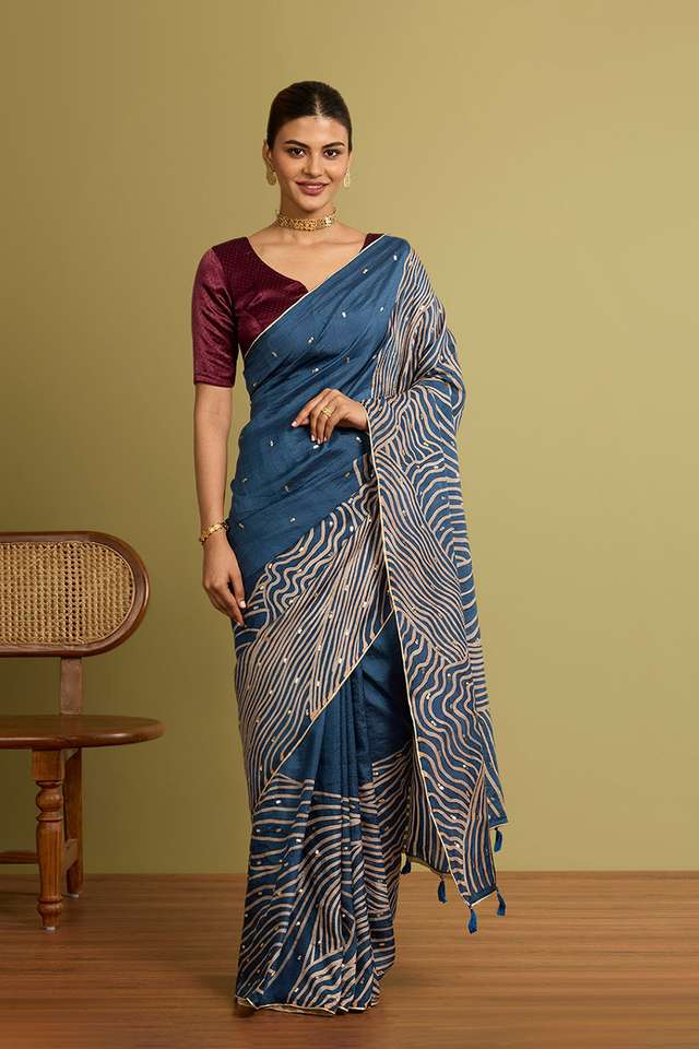 Dark Blue Murshidabad Block Printed Pure Silk Saree thumbnail image number null