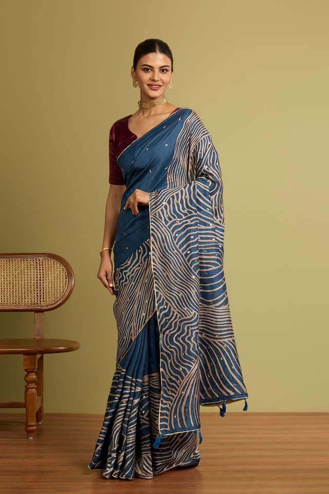 Dark Blue Murshidabad Block Printed Pure Silk Saree thumbnail image number null