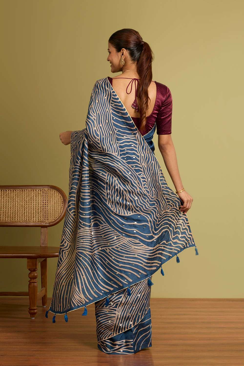 Dark Blue Murshidabad Block Printed Pure Silk Saree image number null