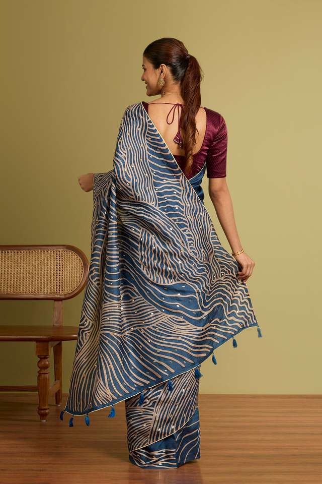 Dark Blue Murshidabad Block Printed Pure Silk Saree thumbnail image number null