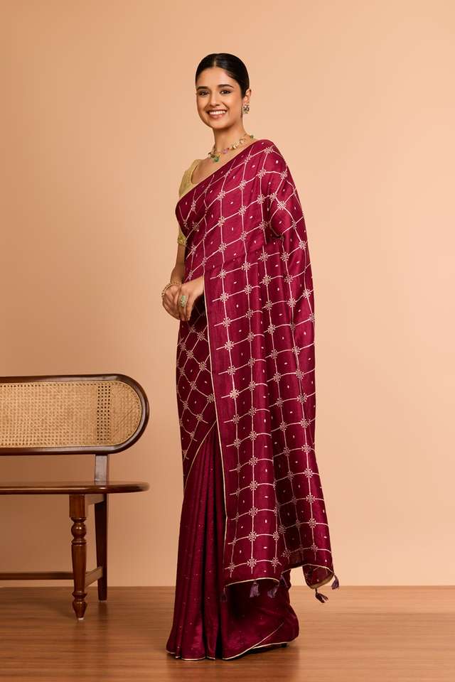 Dark Pink Murshidabad Pure Silk Mukaish Saree thumbnail image number null