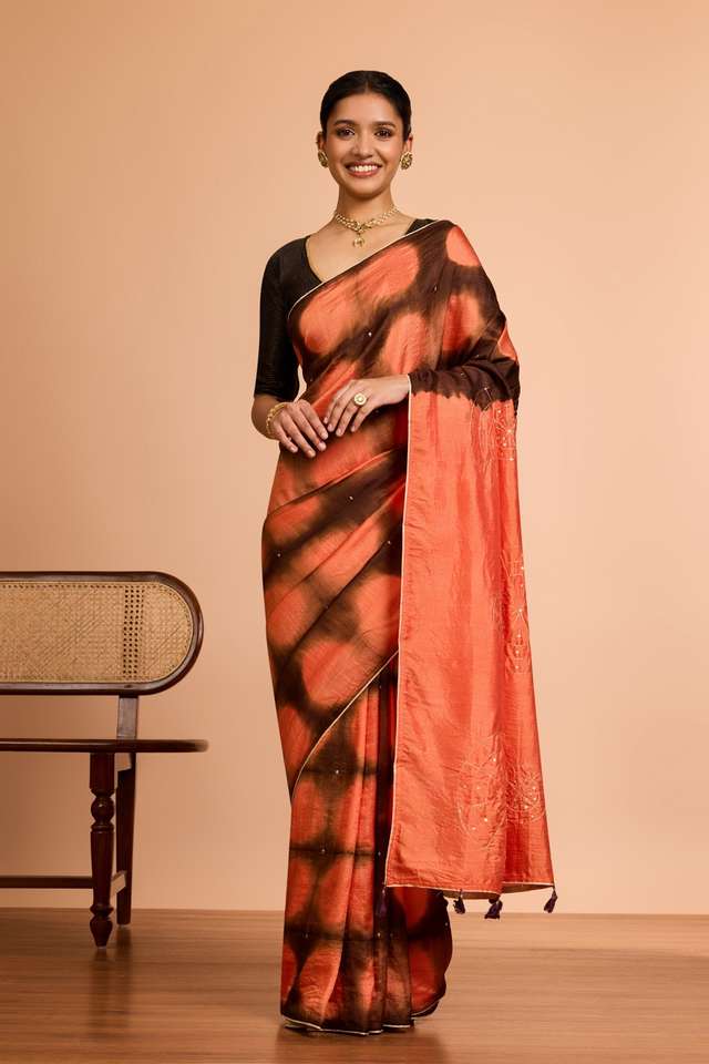 Orange Murshidabad Pure Silk Embroidered Saree thumbnail image number null
