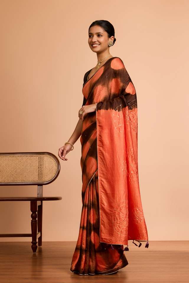 Orange Murshidabad Pure Silk Embroidered Saree thumbnail image number null