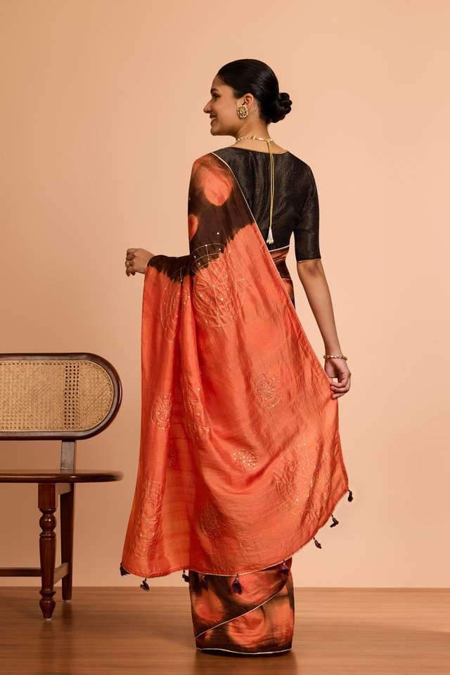 Orange Murshidabad Pure Silk Embroidered Saree thumbnail image number null