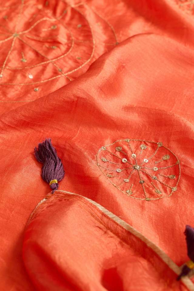 Orange Murshidabad Pure Silk Embroidered Saree thumbnail image number null