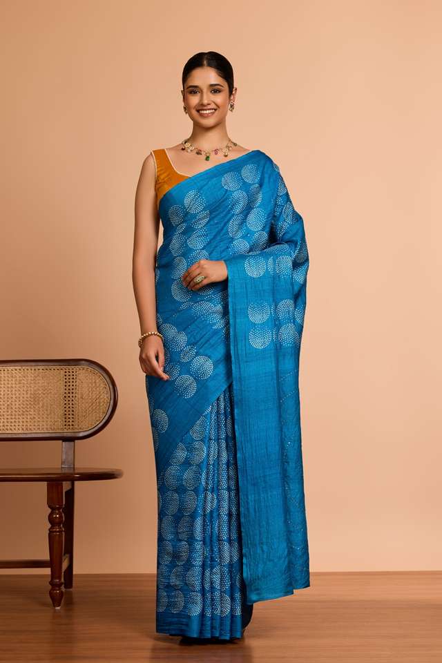 Blue Bengal Pure Tussar Silk Mukaish Saree thumbnail image number null