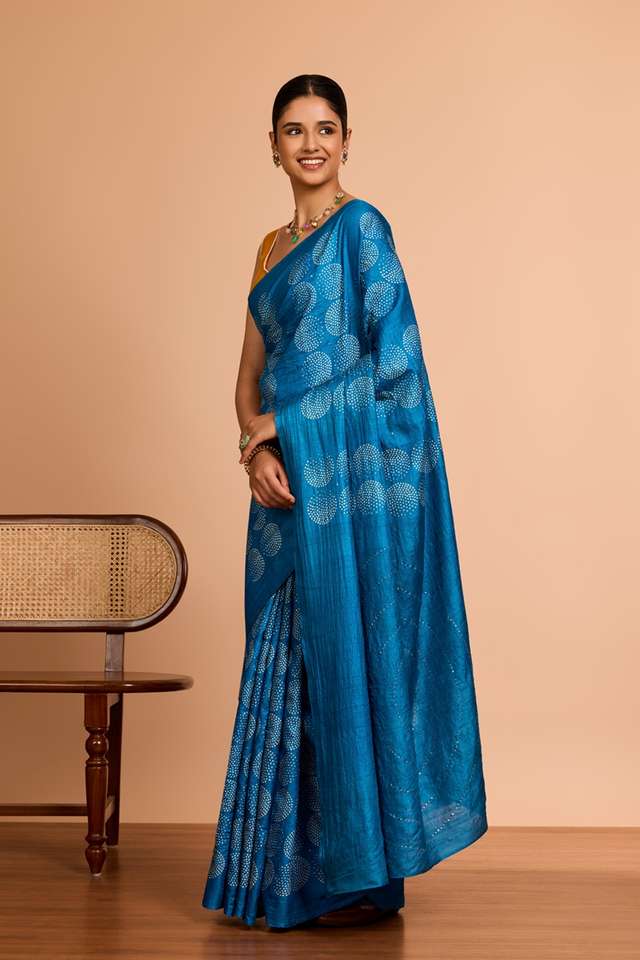 Blue Bengal Pure Tussar Silk Mukaish Saree thumbnail image number null