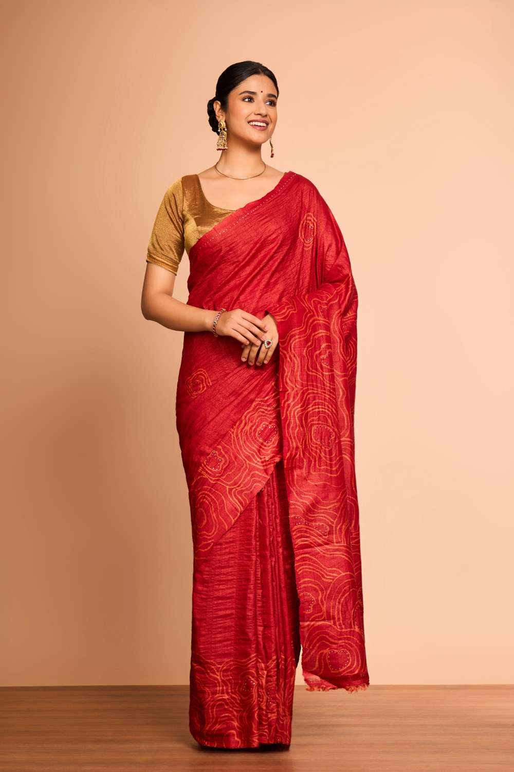 Red Batik Pure Tussar Silk Bengal Saree image number null
