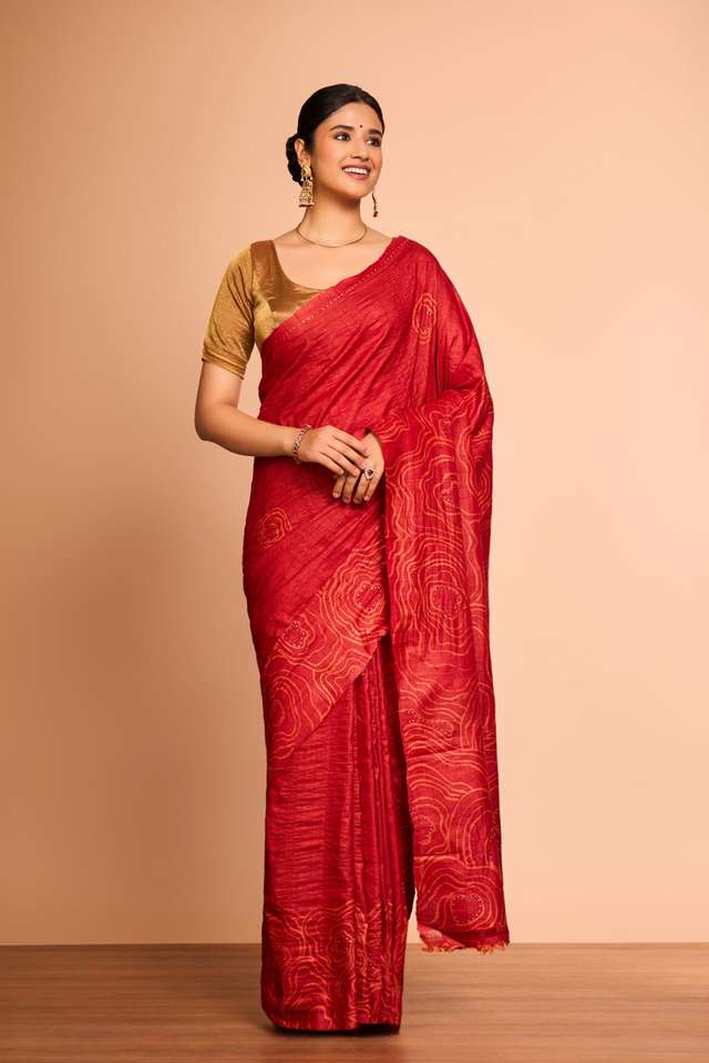 Red Batik Pure Tussar Silk Bengal Saree thumbnail image number null