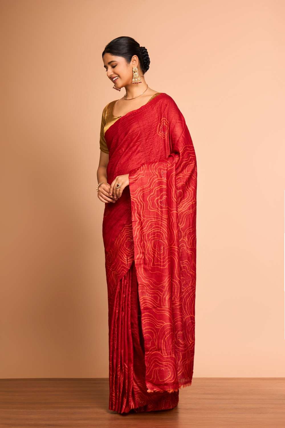 Red Batik Pure Tussar Silk Bengal Saree image number null