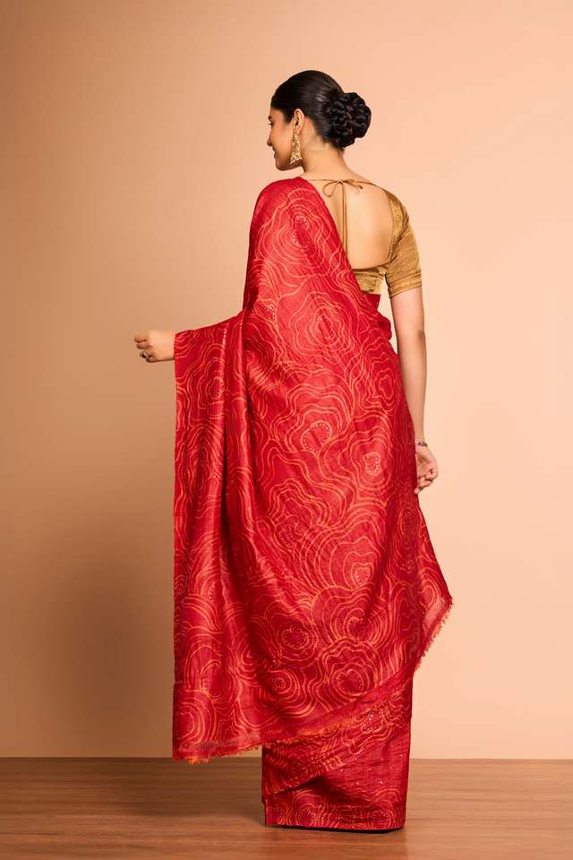 Red Batik Pure Tussar Silk Bengal Saree thumbnail image number null