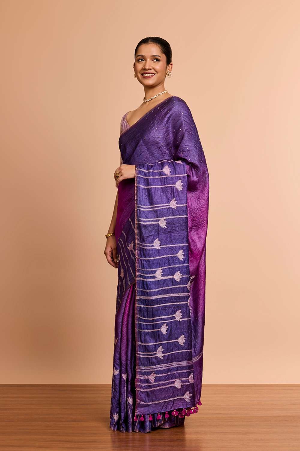 Purple Bengal Pure Tussar Silk Hand Painted Saree image number null