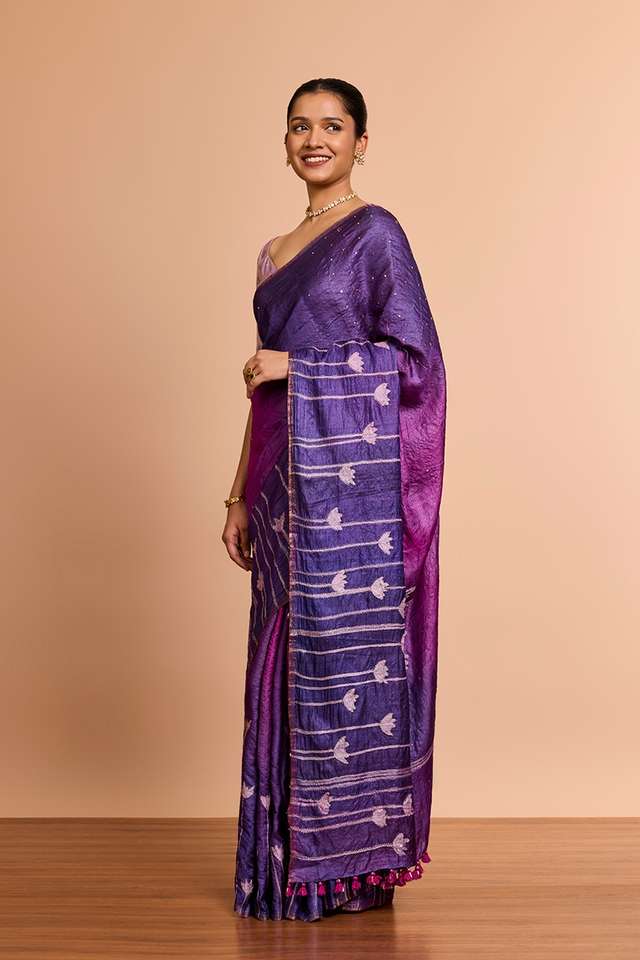 Purple Bengal Pure Tussar Silk Hand Painted Saree thumbnail image number null