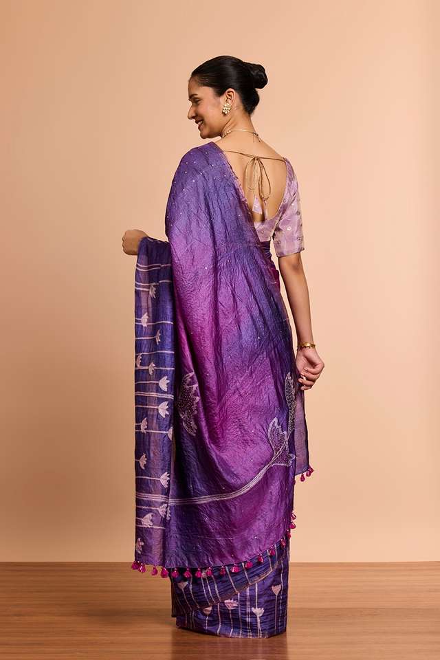 Purple Bengal Pure Tussar Silk Hand Painted Saree thumbnail image number null