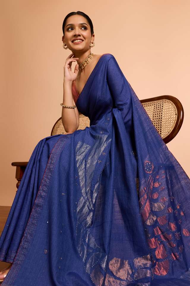 Blue Bengal Pure Tussar Cotton Jamdani Saree image number