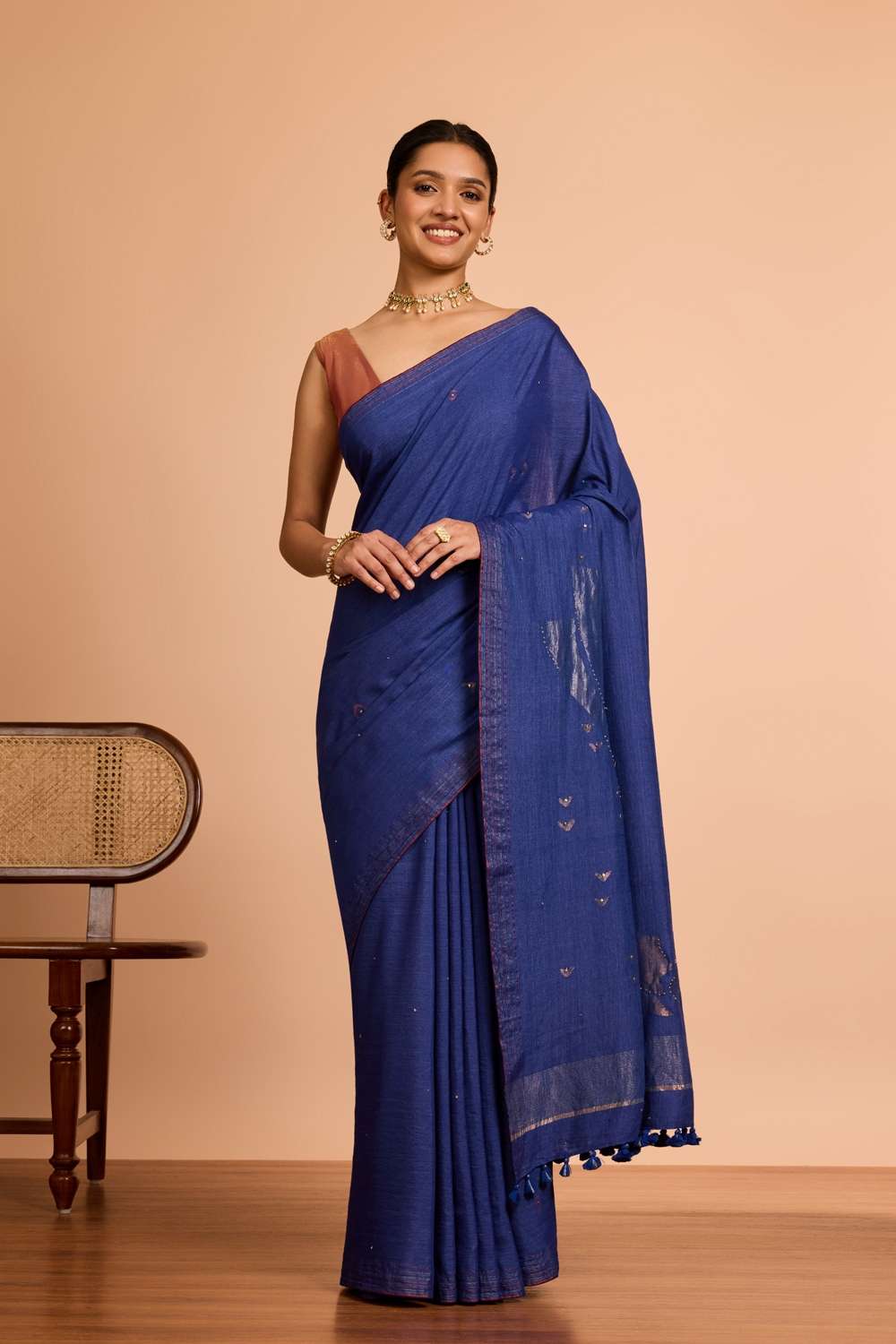 Blue Bengal Pure Tussar Cotton Jamdani Saree image number null