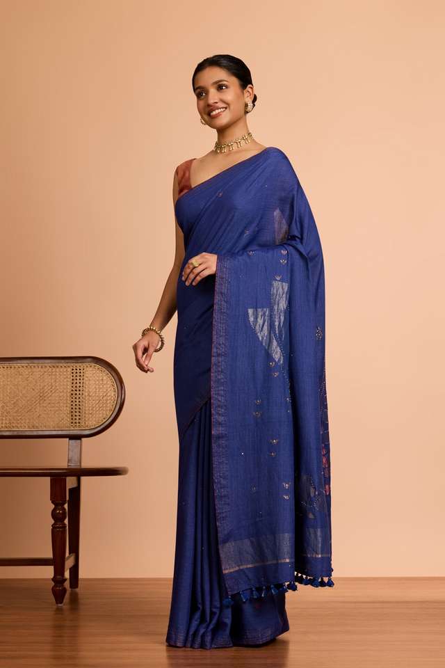 Blue Bengal Pure Tussar Cotton Jamdani Saree thumbnail image number null