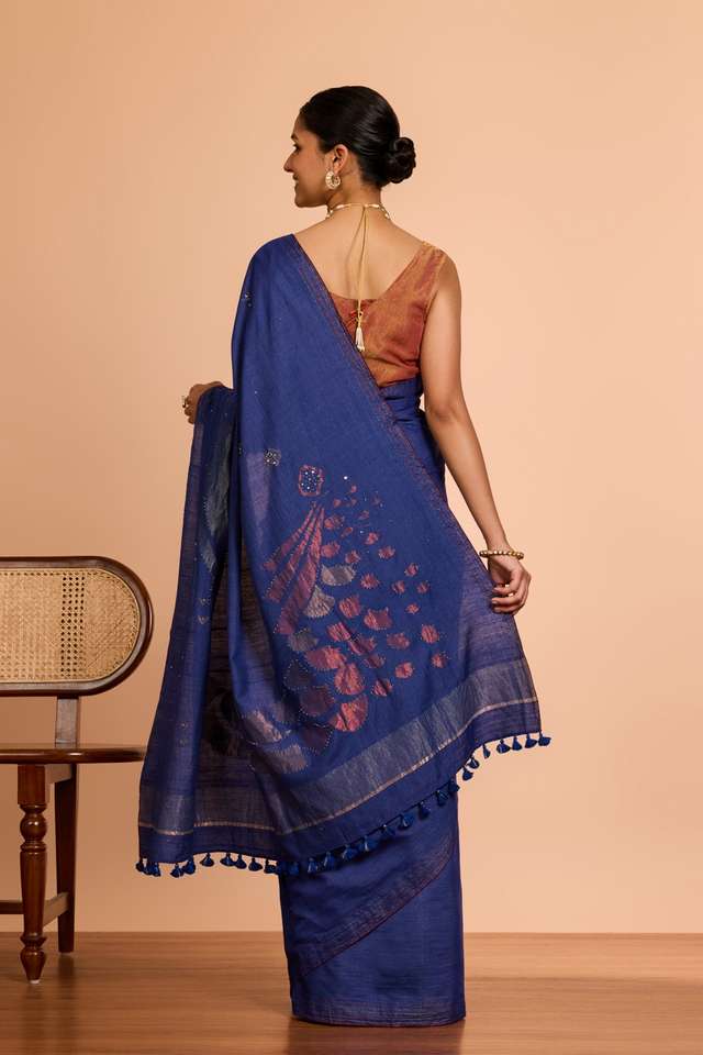 Blue Bengal Pure Tussar Cotton Jamdani Saree thumbnail image number null