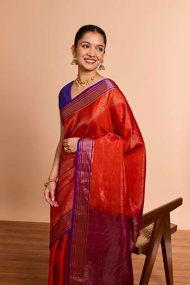 Dark Orange Woven Soft Pure Silk Saree image number