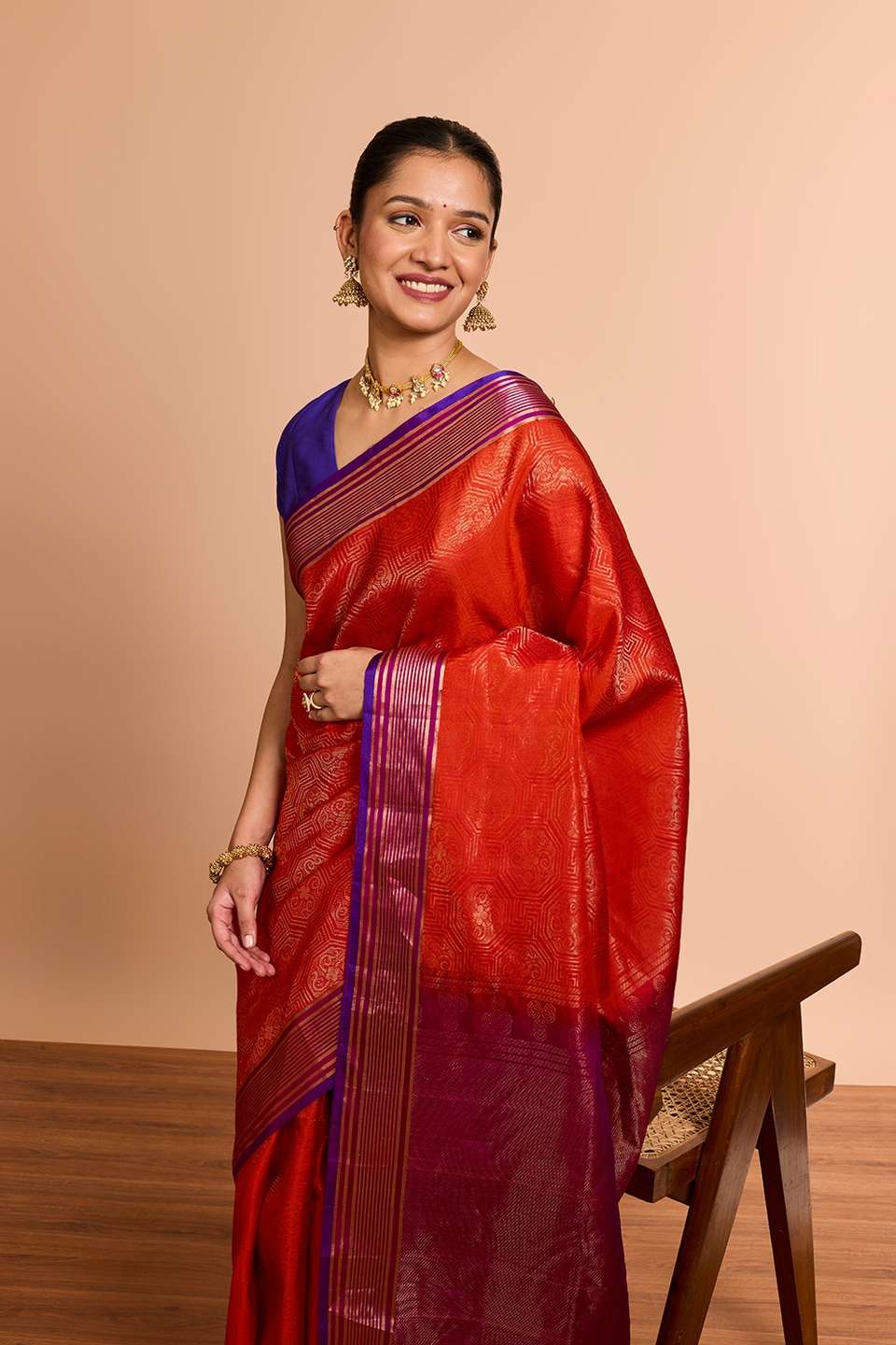 Dark Orange Woven Soft Pure Silk Saree