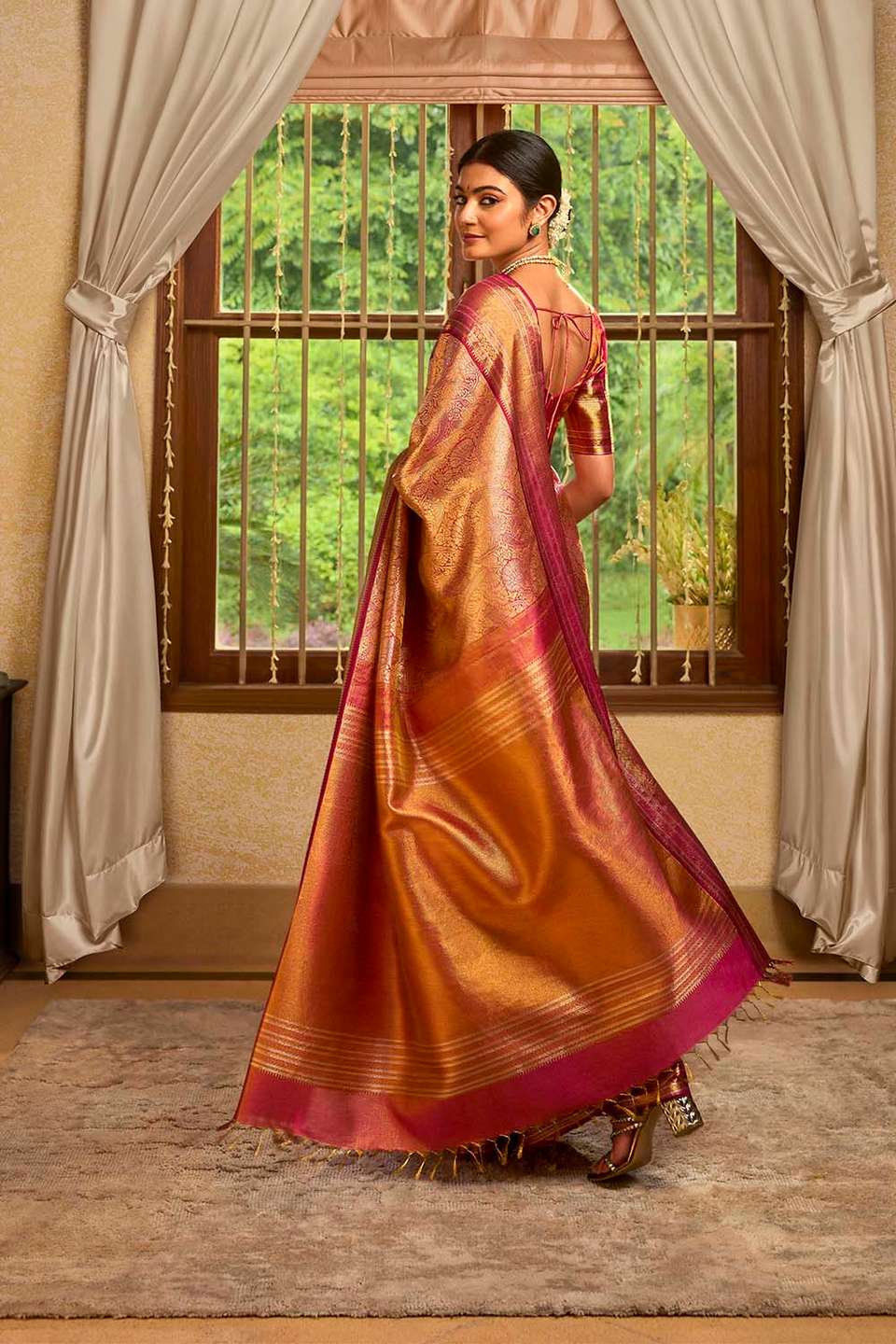 Light Pink Kanjeevaram Pure Silk Tissue Brocade Saree