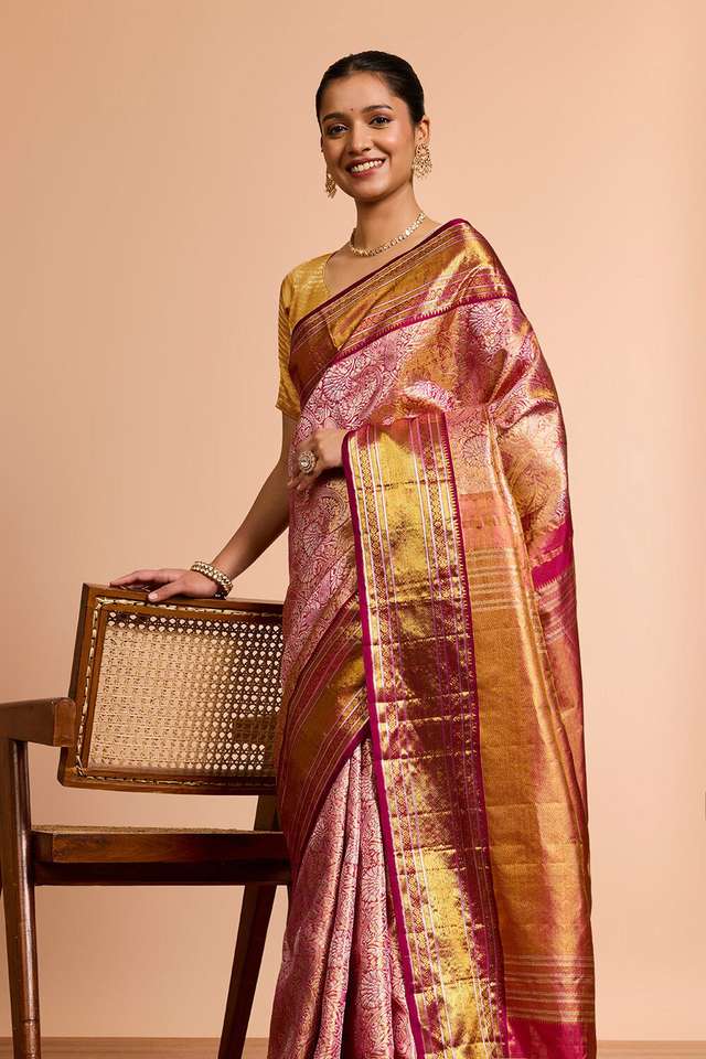 Light Pink Kanjeevaram Pure Silk Tissue Brocade Saree thumbnail image number null