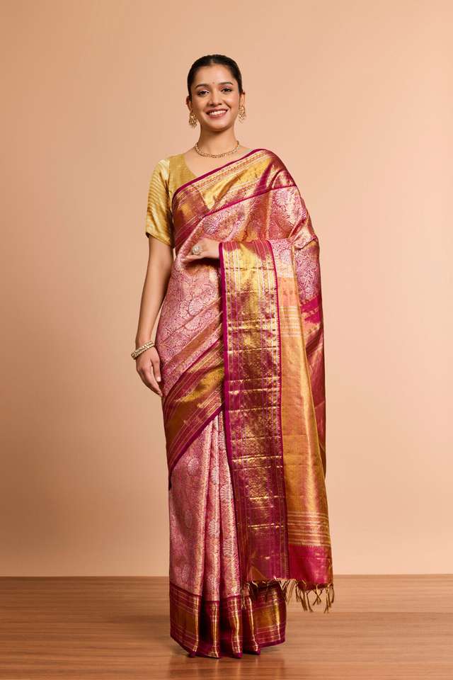 Light Pink Kanjeevaram Pure Silk Tissue Brocade Saree thumbnail image number null