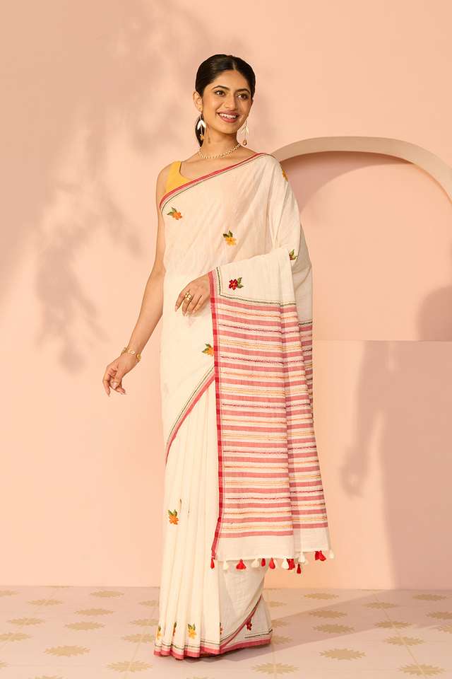 Off White Bengal Pure Cotton Kantha Embroidered Saree thumbnail image number null