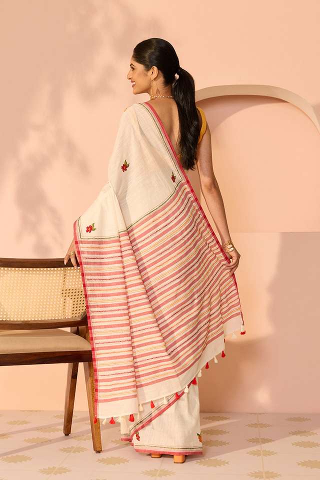 Off White Bengal Pure Cotton Kantha Embroidered Saree thumbnail image number null
