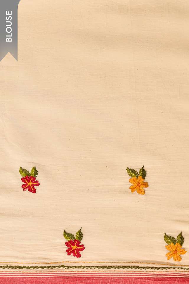 Off White Bengal Pure Cotton Kantha Embroidered Saree thumbnail image number null
