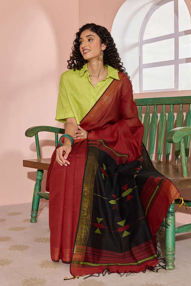 Dark Red Woven Silk Viscose Bhagalpur Saree image number