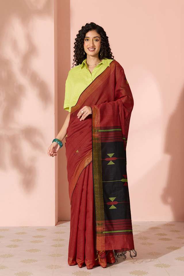 Dark Red Woven Silk Viscose Bhagalpur Saree thumbnail image number null