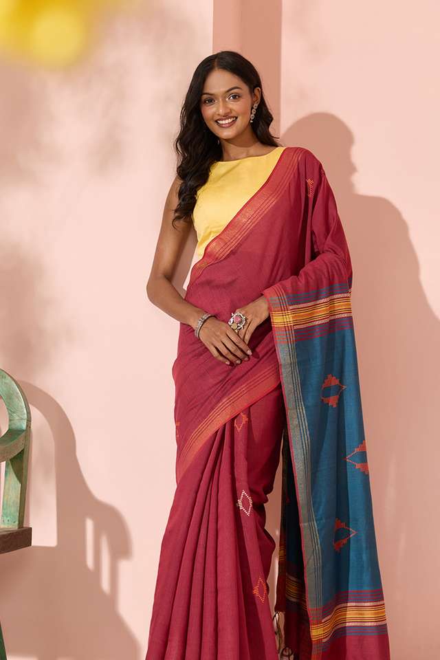 Dark Red Woven Silk Viscose Bhagalpur Saree image number