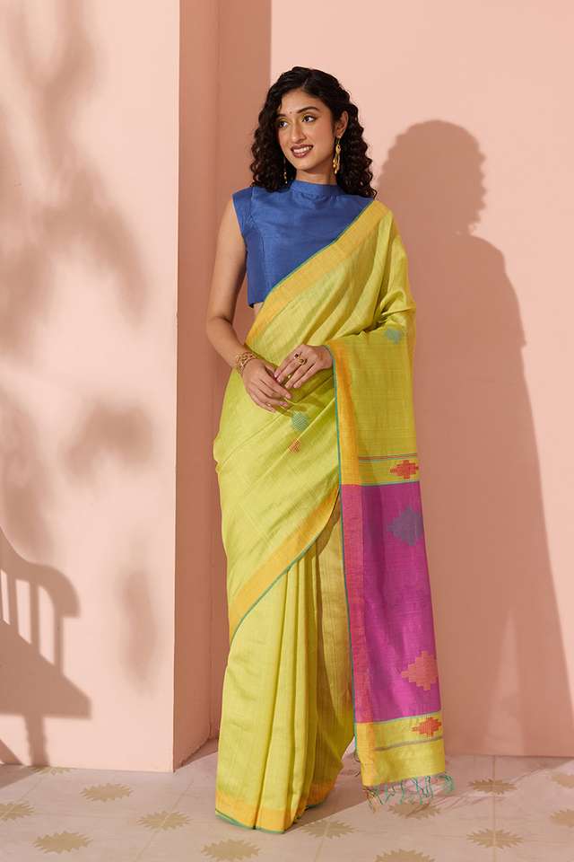 Yellow Woven Silk Viscose Bhagalpur Saree thumbnail image number null