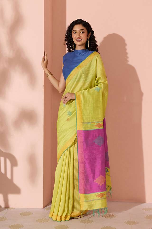 Yellow Woven Silk Viscose Bhagalpur Saree thumbnail image number null