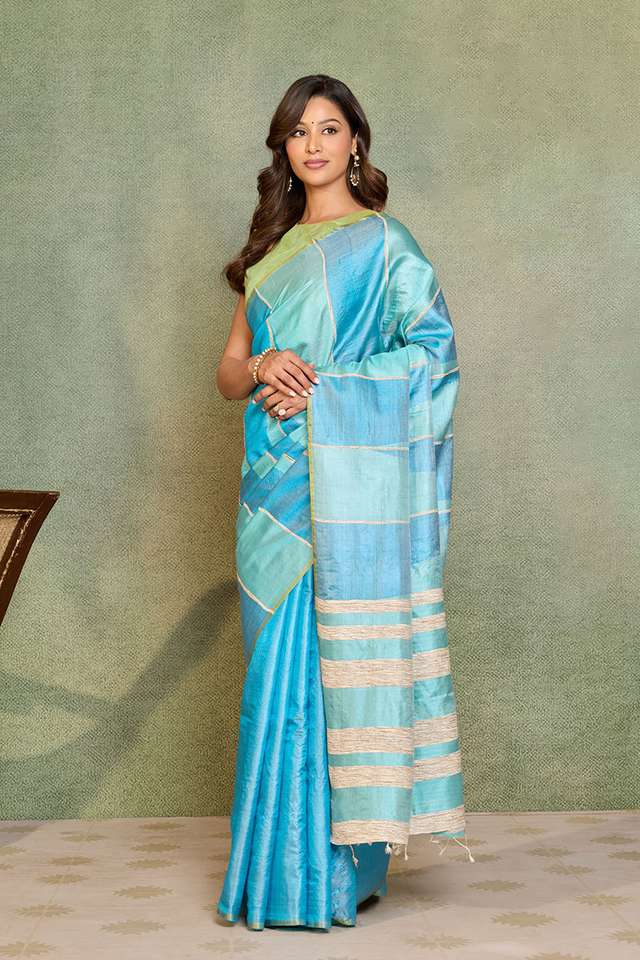 Blue Chattisgarh Woven Pure Tussar Silk Saree thumbnail image number null