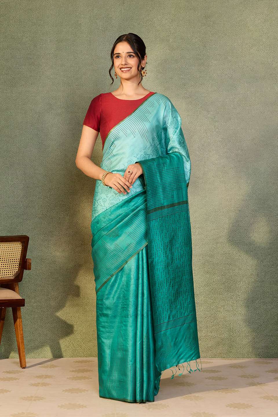Dark Green Chattisgarh Block Printed Pure Tussar Silk Saree