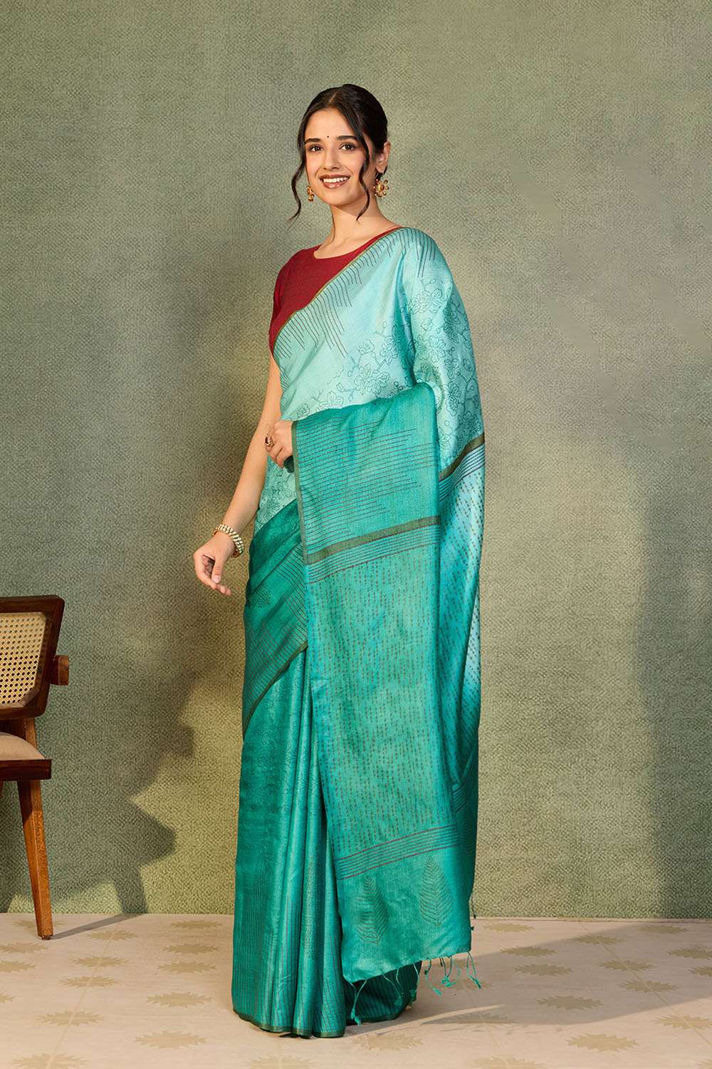 Dark Green Chattisgarh Block Printed Pure Tussar Silk Saree image number null