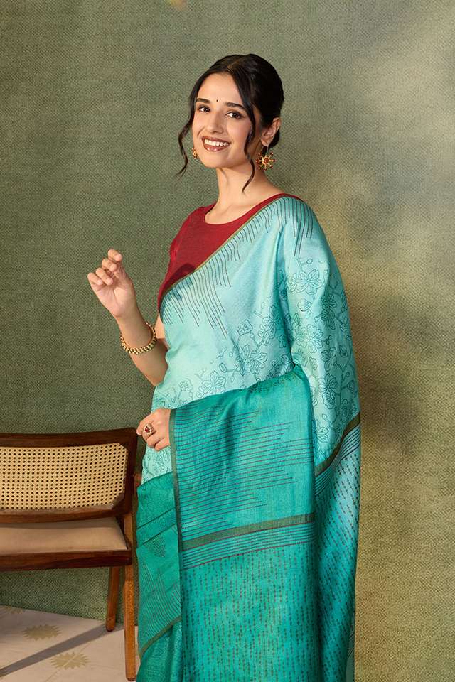 Dark Green Chattisgarh Block Printed Pure Tussar Silk Saree thumbnail image number null