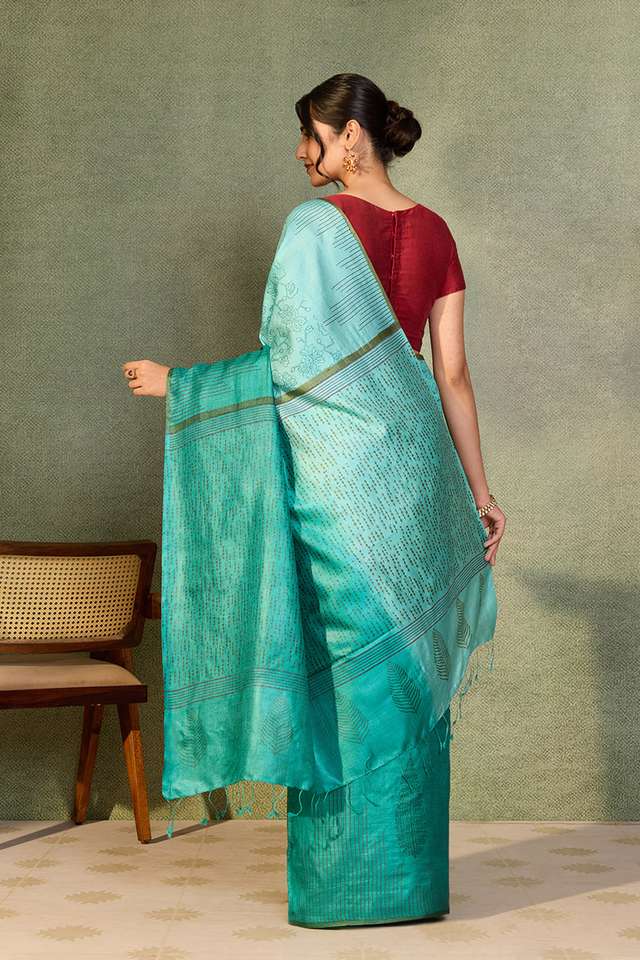 Dark Green Chattisgarh Block Printed Pure Tussar Silk Saree thumbnail image number null
