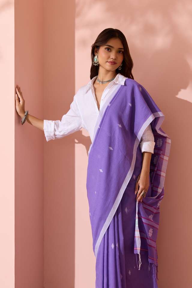 Purple Woven Pure Cotton Bengal Saree image number