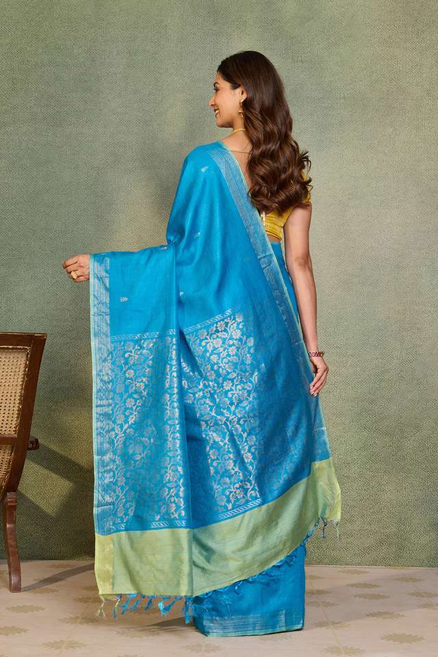 Blue Chattisgarh Woven Pure Tussar Silk Saree thumbnail image number null