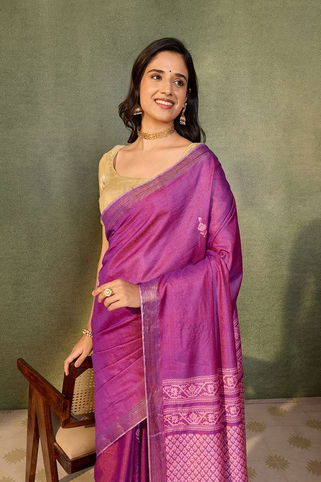 Purple Chattisgarh Woven Pure Tussar Silk Saree thumbnail image number null