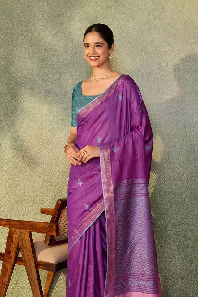 Dark Violet Chattisgarh Woven Pure Tussar Silk Saree thumbnail image number null