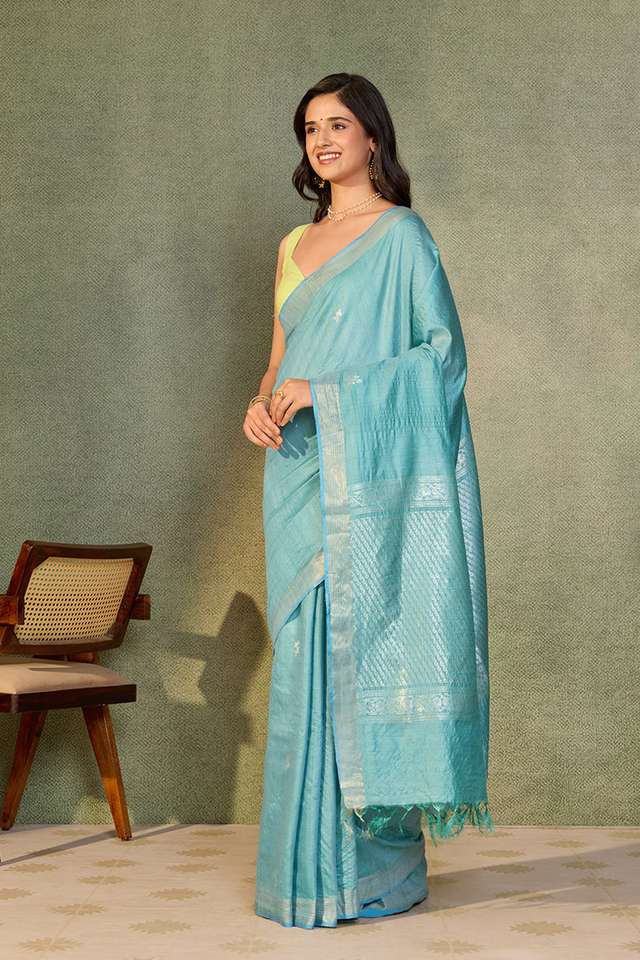 Blue Chattisgarh Woven Pure Tussar Silk Saree thumbnail image number null