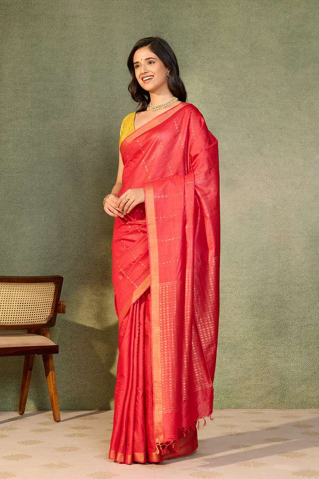 Dark Pink Chattisgarh Woven Pure Tussar Silk Saree image number